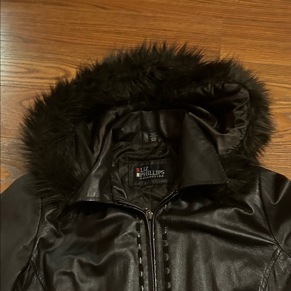 Vintage Liz Phillips Brown Soft Leather Long Coat, Faux Fur Lined Hood Women S - Picture 4 of 10